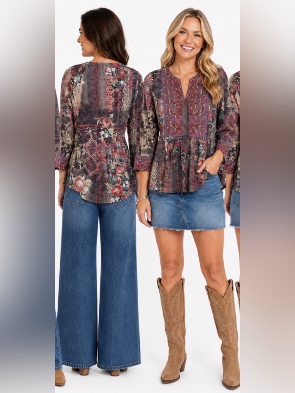 🆕 Coldwater Creek Vibrant Boho emboridery tunic pink brown 3/4 sleeve with lace